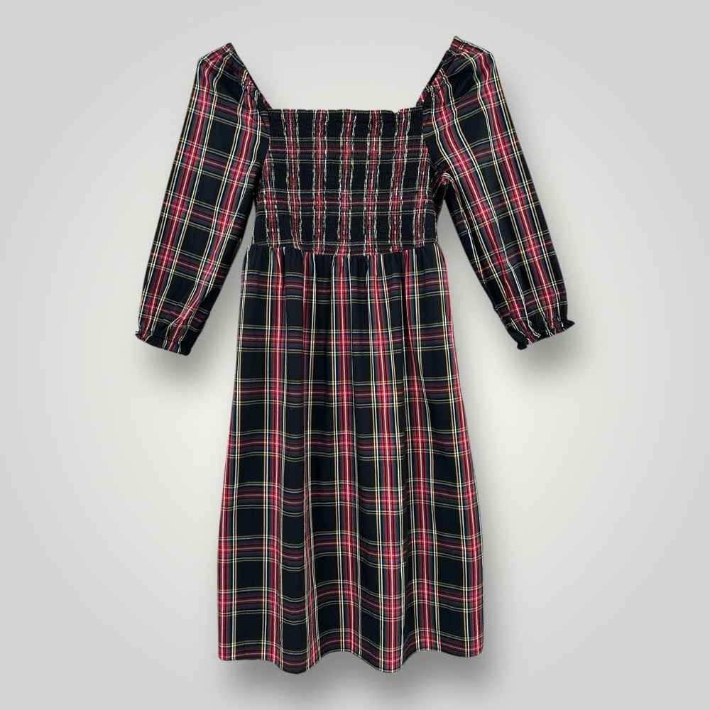 NEW J Crew Dress Black‎ Red Plaid Midi Dress Womans 2XL Smocked Style BM070 NWT